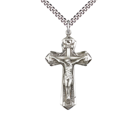 Mens Large Cross .925 Sterling Silver Crucifix Medal Pendant on 24 inch Rhodium Plated Heavy Curb Brass Chain with Lobster Claw Clasp, Catholic Religious Necklace- USA Made Gift Boxed