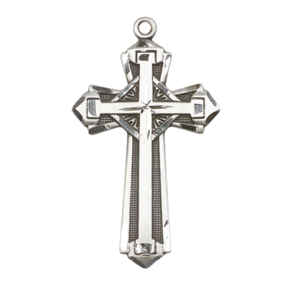 Everlasting Light Jewelry Pewter Cross Medal Pendant on 18 Inch Rhodium Plated Lite Curb Brass Chain - Catholic Religious Necklace Made in USA, Deluxe Velvet Gift Box