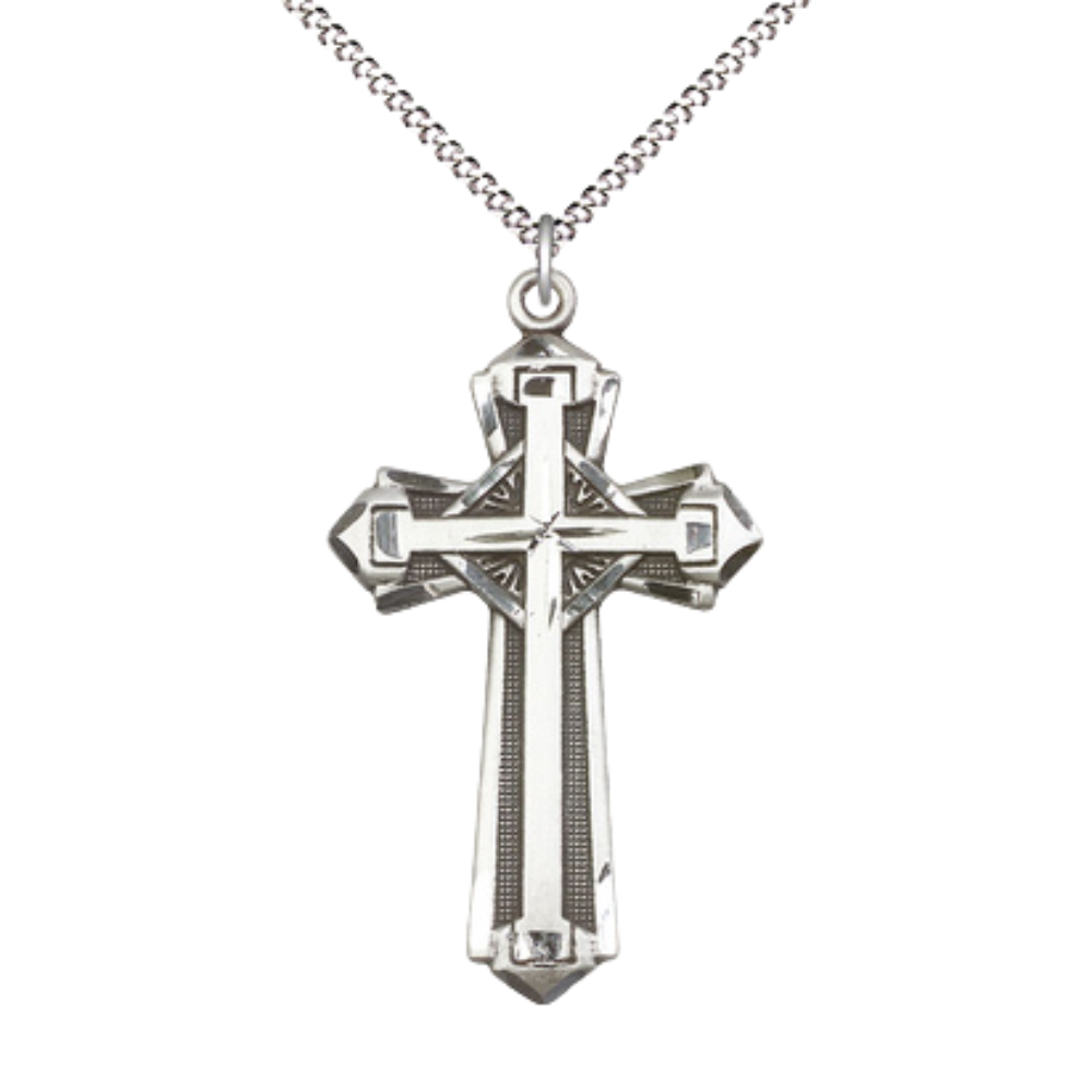Everlasting Light Jewelry Pewter Cross Medal Pendant on 18 Inch Rhodium Plated Lite Curb Brass Chain - Catholic Religious Necklace Made in USA, Deluxe Velvet Gift Box