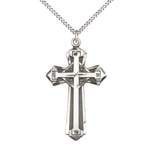 Everlasting Light Jewelry Pewter Cross Medal Pendant on 18 Inch Rhodium Plated Lite Curb Brass Chain - Catholic Religious Necklace Made in USA, Deluxe Velvet Gift Box