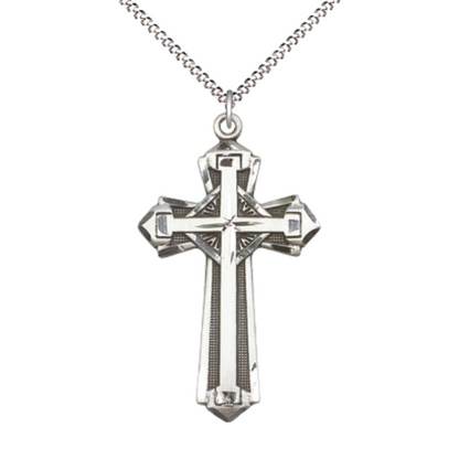 Everlasting Light Jewelry Pewter Cross Medal Pendant on 18 Inch Rhodium Plated Lite Curb Brass Chain - Catholic Religious Necklace Made in USA, Deluxe Velvet Gift Box