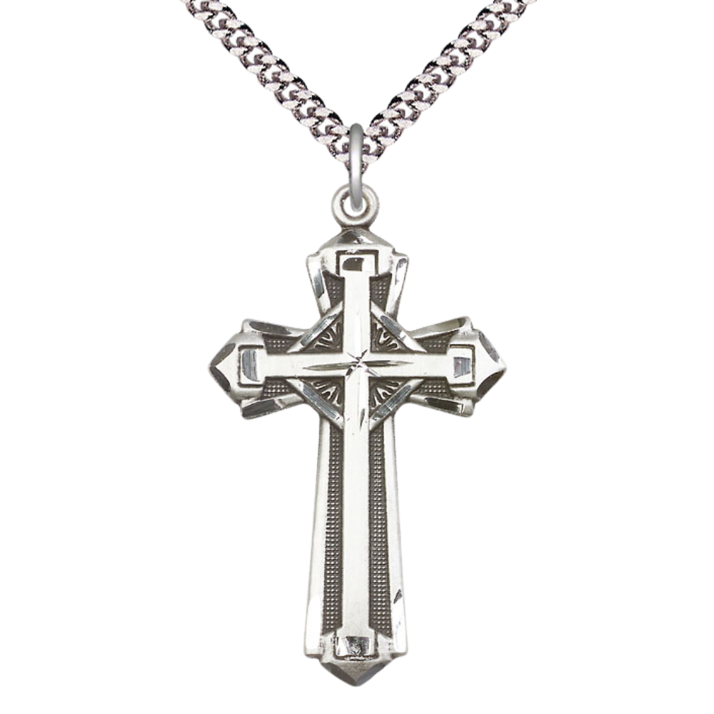 Everlasting Light Jewelry Pewter Cross Medal Pendant on 24 Inch Endless Rhodium Plated Heavy Curb Chain - Catholic Religious Necklace Made in USA, Deluxe Velvet Gift Box