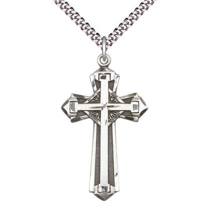 Everlasting Light Jewelry Pewter Cross Medal Pendant on 24 Inch Endless Rhodium Plated Heavy Curb Chain - Catholic Religious Necklace Made in USA, Deluxe Velvet Gift Box