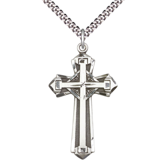 Everlasting Light Jewelry Pewter Cross Medal Pendant on 24 Inch Endless Rhodium Plated Heavy Curb Chain - Catholic Religious Necklace Made in USA, Deluxe Velvet Gift Box
