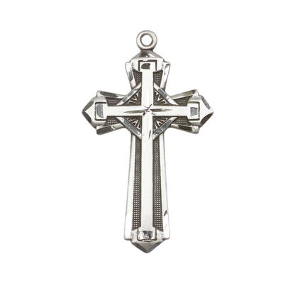 Everlasting Light Jewelry Pewter Cross Medal Pendant on 24 Inch Endless Rhodium Plated Heavy Curb Chain - Catholic Religious Necklace Made in USA, Deluxe Velvet Gift Box