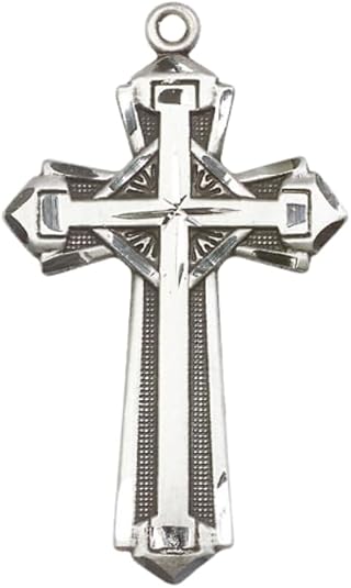 Mens Large Cross .925 Sterling Silver Cross Medal Pendant on 24 inch Rhodium Plated Heavy Curb Brass Chain with Lobster Claw Clasp, Catholic Religious Necklace- USA Made Gift Boxed
