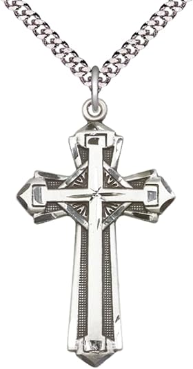 Mens Large Cross .925 Sterling Silver Cross Medal Pendant on 24 inch Rhodium Plated Heavy Curb Brass Chain with Lobster Claw Clasp, Catholic Religious Necklace- USA Made Gift Boxed
