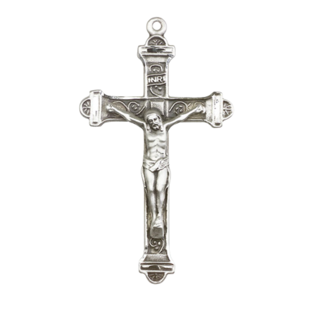 Large .925 Sterling Silver Men's Crucifix Necklace Medal Pendant on 24 Inch Endless Rhodium Plated Heavy Curb Brass Chain - Christian Catholic Religious Charm- Made in USA, Deluxe Velvet Gift Box