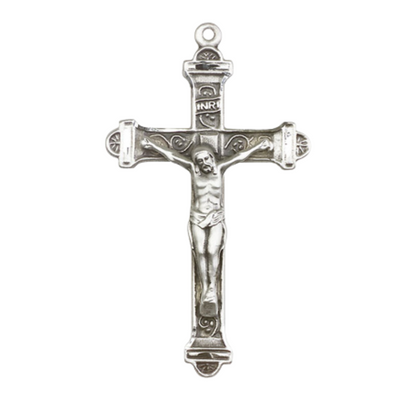Womens Large Cross .925 Sterling Silver Crucifix Medal Pendant on 18 inch Rhodium Plated Lite Curb Brass Chain with Lobster Claw Clasp, Catholic Religious Necklace- USA Made Velvet Gift Box