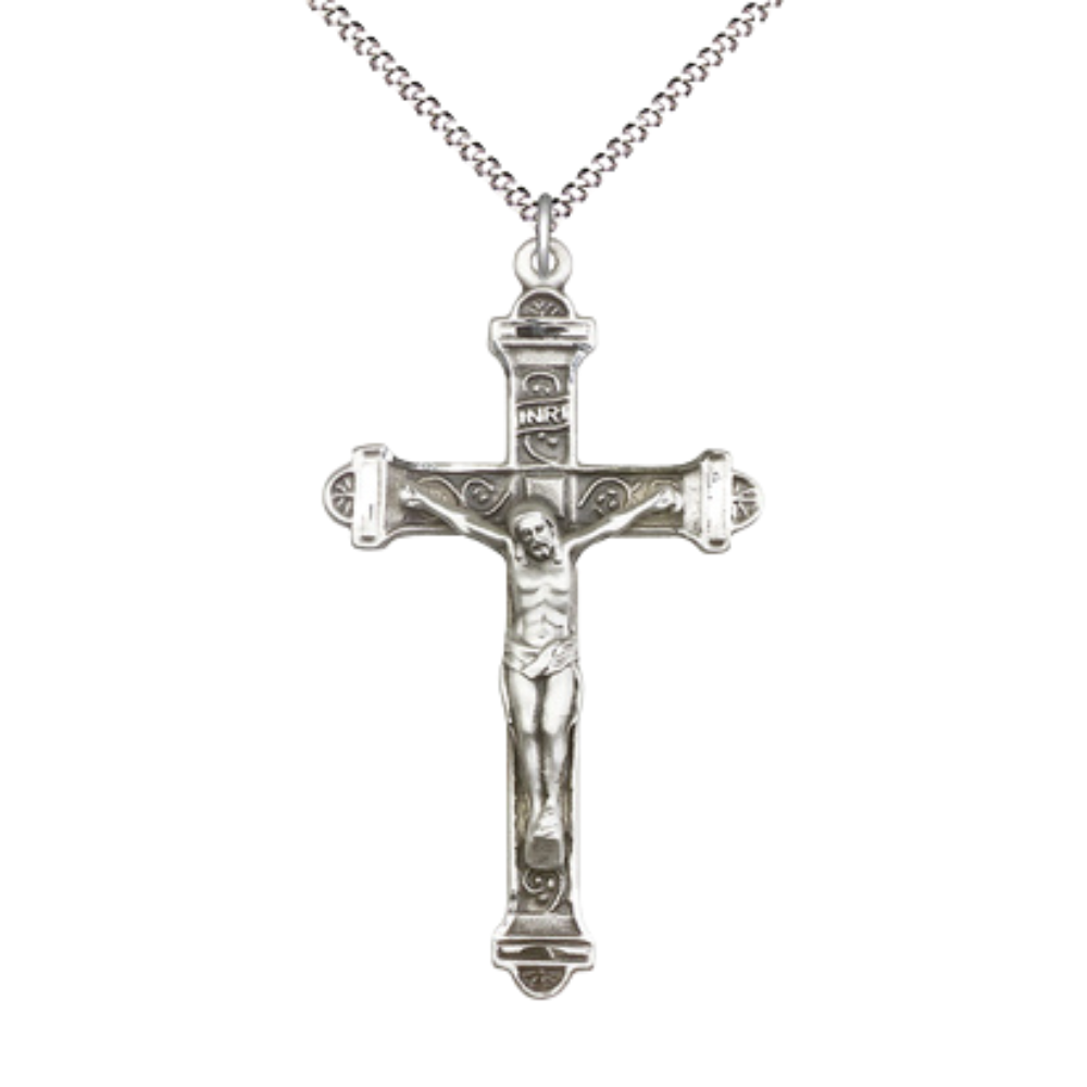 Womens Large Cross .925 Sterling Silver Crucifix Medal Pendant on 18 inch Rhodium Plated Lite Curb Brass Chain with Lobster Claw Clasp, Catholic Religious Necklace- USA Made Velvet Gift Box