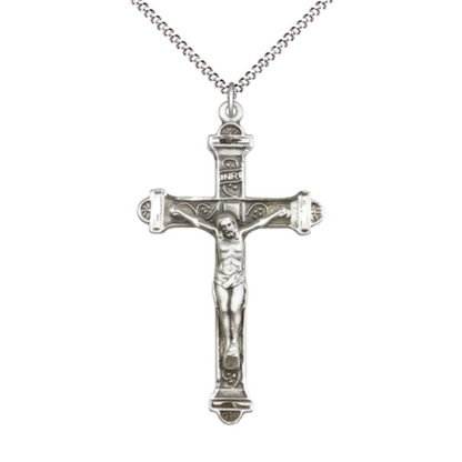 Womens Large Cross .925 Sterling Silver Crucifix Medal Pendant on 18 inch Rhodium Plated Lite Curb Brass Chain with Lobster Claw Clasp, Catholic Religious Necklace- USA Made Velvet Gift Box