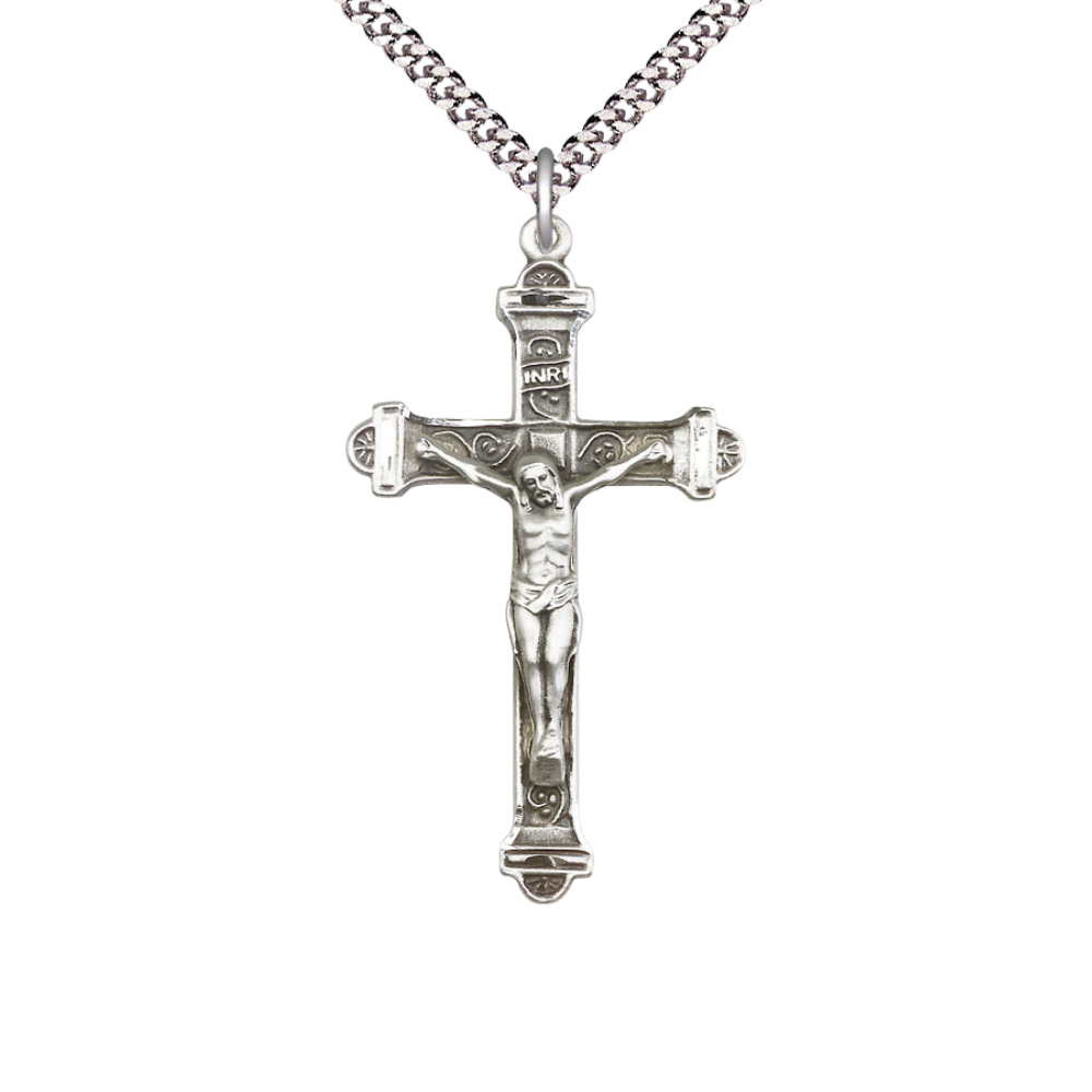 Large .925 Sterling Silver Men's Crucifix Necklace Medal Pendant on 24 Inch Endless Rhodium Plated Heavy Curb Brass Chain - Christian Catholic Religious Charm- Made in USA, Deluxe Velvet Gift Box