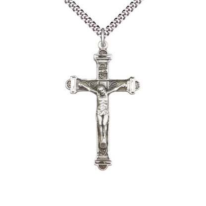 Large .925 Sterling Silver Men's Crucifix Necklace Medal Pendant on 24 Inch Endless Rhodium Plated Heavy Curb Brass Chain - Christian Catholic Religious Charm- Made in USA, Deluxe Velvet Gift Box