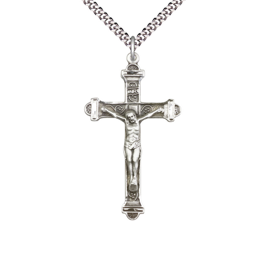 Large .925 Sterling Silver Men's Crucifix Necklace Medal Pendant on 24 Inch Endless Rhodium Plated Heavy Curb Brass Chain - Christian Catholic Religious Charm- Made in USA, Deluxe Velvet Gift Box