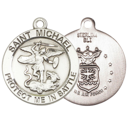 .925 Sterling Silver Saint St. Michael Guardian Angel Medal Pendant on 18 Inch Rhodium Plated Lite Curb Brass Chain - Catholic Religious Necklace Made in USA, Deluxe Velvet Gift Box Included