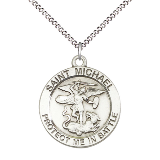 .925 Sterling Silver Saint St. Michael Guardian Angel Medal Pendant on 18 Inch Rhodium Plated Lite Curb Brass Chain - Catholic Religious Necklace Made in USA, Deluxe Velvet Gift Box Included