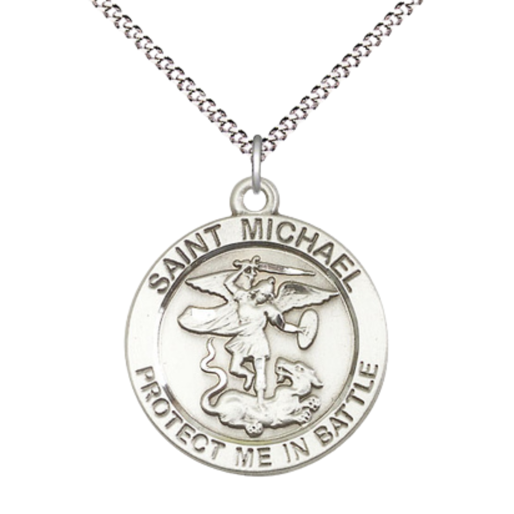 .925 Sterling Silver Saint St. Michael Guardian Angel Medal Pendant on 18 Inch Rhodium Plated Lite Curb Brass Chain - Catholic Religious Necklace Made in USA, Deluxe Velvet Gift Box Included