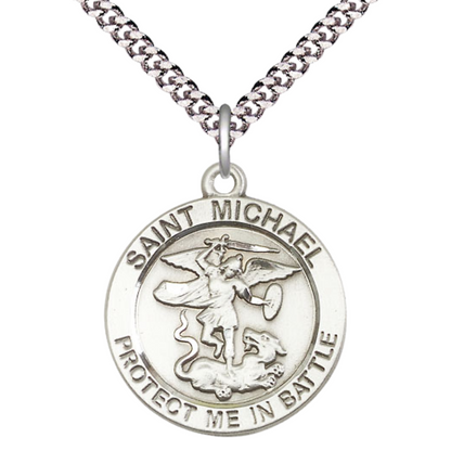 .925 Sterling Silver St Michael Guardian Angel Medal Pendant on 24 Inch Endless Rhodium Plated Heavy Curb Chain -Catholic Religious Necklace Made in USA, Deluxe Velvet Gift Box