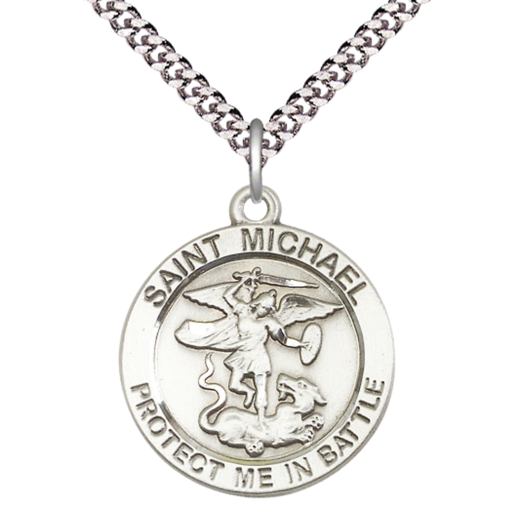 Mens Round .925 Sterling Silver St. Michael Guardian Angel Medal Pendant on 24" Rhodium Plated Heavy Curb Brass Chain w/ Lobster Claw Clasp,Catholic Religious Necklace-USA Made Gift Boxed