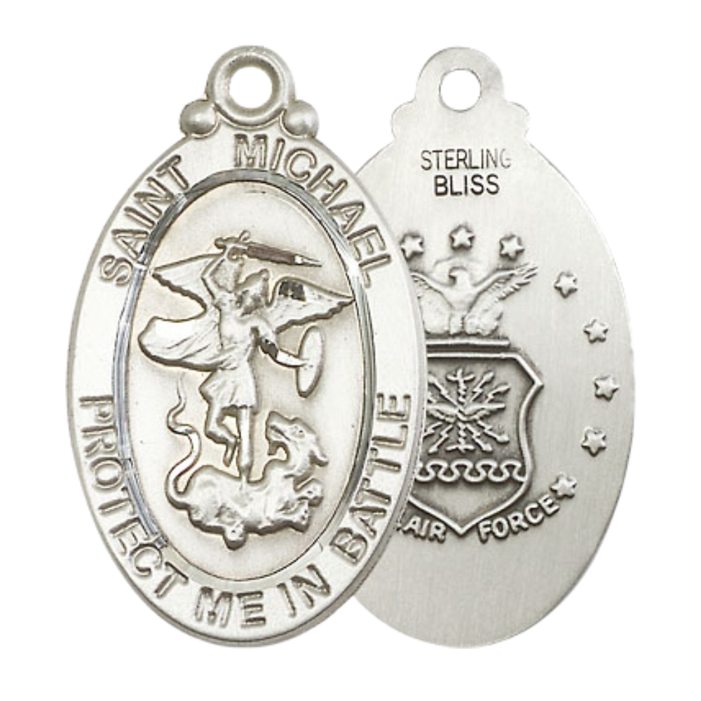 Everlasting Light Jewelry .925 Sterling Silver St Michael Air Force Medal Pendant on 24 Inch Endless Rhodium Plated Heavy Curb Chain -Catholic Religious Necklace Made in USA,Deluxe Velvet Gift Box