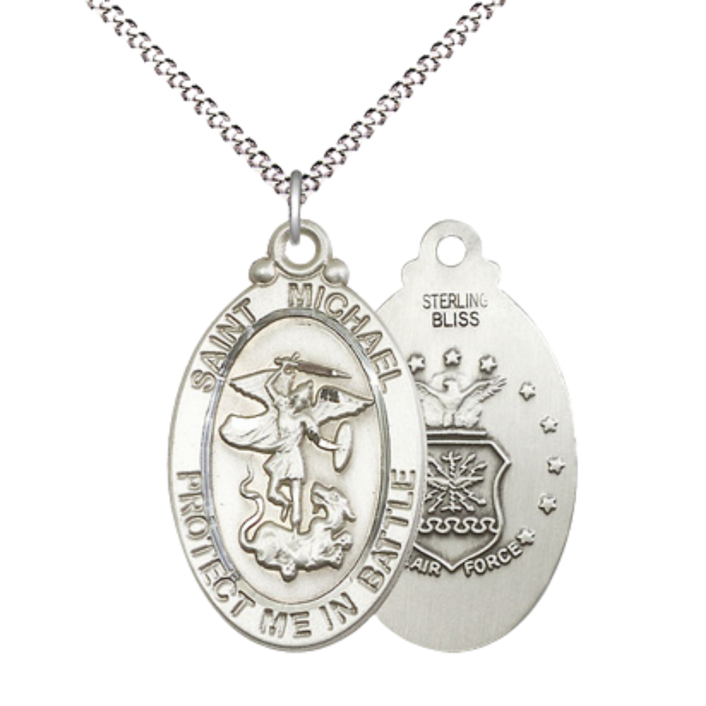 Everlasting Light Jewelry .925 Sterling Silver Saint St. Michael Air Force Medal Pendant on 18 Inch Rhodium Plated Lite Curb Brass Chain - Catholic Religious Necklace Made in USA, Deluxe Velvet Gift Box