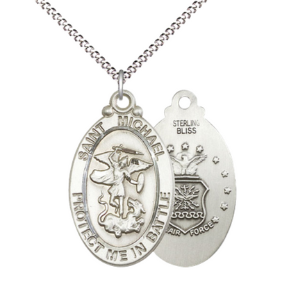Everlasting Light Jewelry .925 Sterling Silver Saint St. Michael Air Force Medal Pendant on 18 Inch Rhodium Plated Lite Curb Brass Chain - Catholic Religious Necklace Made in USA, Deluxe Velvet Gift Box