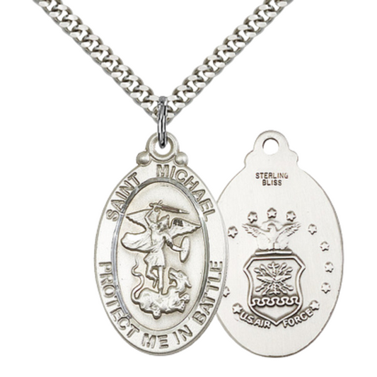 Everlasting Light Jewelry .925 Sterling Silver St Michael Air Force Medal Pendant on 24 Inch Endless Rhodium Plated Heavy Curb Chain -Catholic Religious Necklace Made in USA,Deluxe Velvet Gift Box