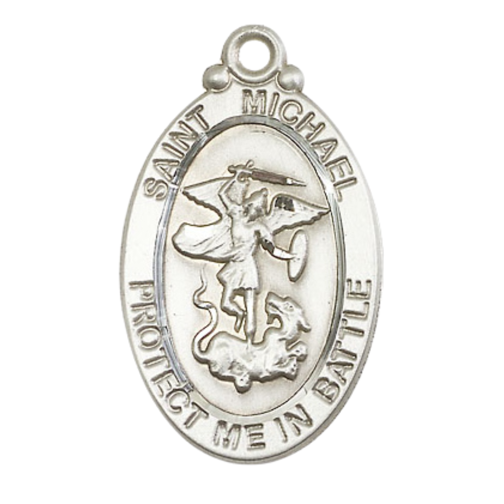 .925 Sterling Silver St Michael Guardian Angel Medal Pendant on 24 Inch Endless Rhodium Plated Heavy Curb Chain -Catholic Religious Necklace Made in USA,Deluxe Velvet Gift Box