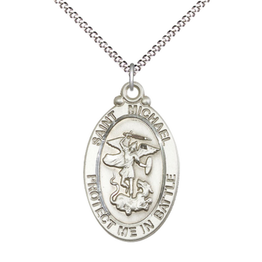 Everlasting Light Jewelry .925 Sterling Silver Saint St. Michael Guardian Angel Medal Pendant on 18 Inch Rhodium Plated Lite Curb Brass Chain - Catholic Religious Necklace Made in USA, Deluxe Velvet Gift Box
