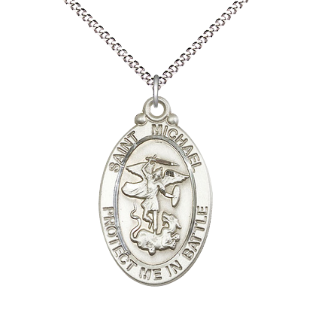 Everlasting Light Jewelry .925 Sterling Silver Saint St. Michael Guardian Angel Medal Pendant on 18 Inch Rhodium Plated Lite Curb Brass Chain - Catholic Religious Necklace Made in USA, Deluxe Velvet Gift Box