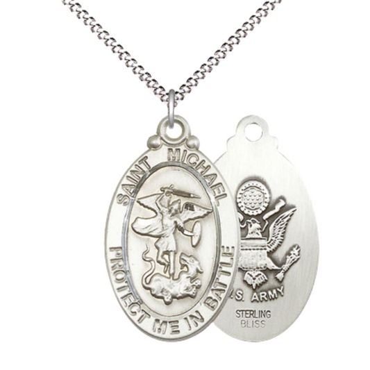 Everlasting Light Jewelry .925 Sterling Silver Saint St. Michael Army Medal Pendant on 18 Inch Rhodium Plated Lite Curb Brass Chain - Catholic Religious Necklace Made in USA, Deluxe Velvet Gift Box
