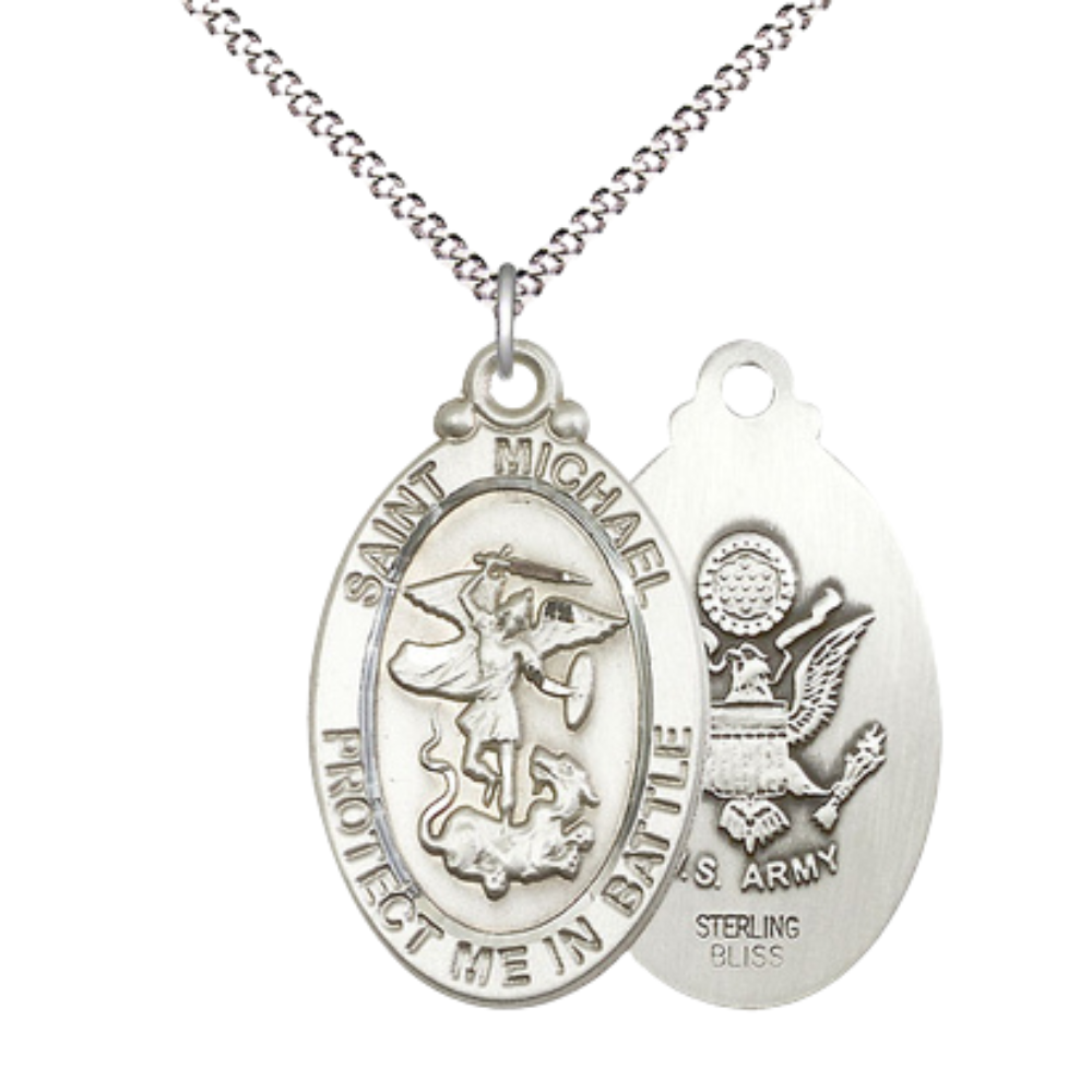 Everlasting Light Jewelry .925 Sterling Silver Saint St. Michael Army Medal Pendant on 18 Inch Rhodium Plated Lite Curb Brass Chain - Catholic Religious Necklace Made in USA, Deluxe Velvet Gift Box