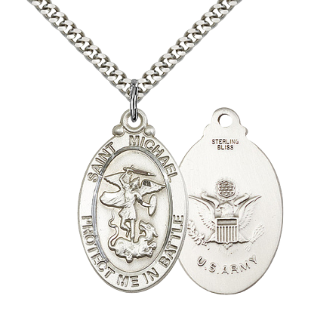 .925 Sterling Silver Saint St. Michael Army Medal Pendant on 24 Inch Endless Rhodium Plated Heavy Curb Chain - Catholic Religious Necklace Made in USA, Deluxe Velvet Gift Box Included