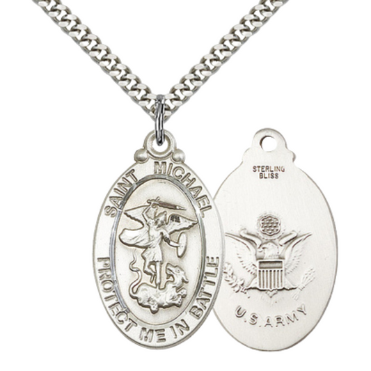 .925 Sterling Silver Saint St. Michael Army Medal Pendant on 24 Inch Endless Rhodium Plated Heavy Curb Chain - Catholic Religious Necklace Made in USA, Deluxe Velvet Gift Box Included