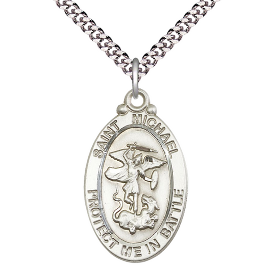 .925 Sterling Silver St Michael Guardian Angel Medal Pendant on 24 Inch Endless Rhodium Plated Heavy Curb Chain -Catholic Religious Necklace Made in USA,Deluxe Velvet Gift Box