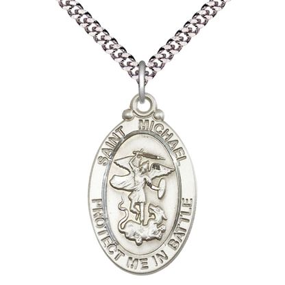 Mens Oval .925 Sterling Silver Saint St. Michael Guardian Angel Medal Pendant on 24 Inch Rhodium Plated Heavy Curb Brass Chain w/ Lobster Claw Clasp, Catholic Religious Necklace- USA Made Gift Boxed