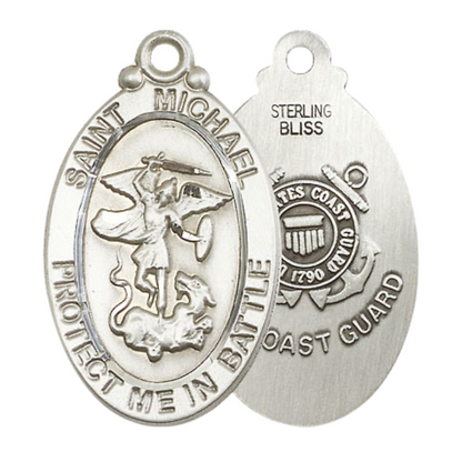 .925 Sterling Silver Saint St. Michael Guardian Angel Coast Guard Medal Pendant on 18 Inch Rhodium Plated Lite Curb Brass Chain - Catholic Religious Necklace Made in USA, Deluxe Velvet Gift Box