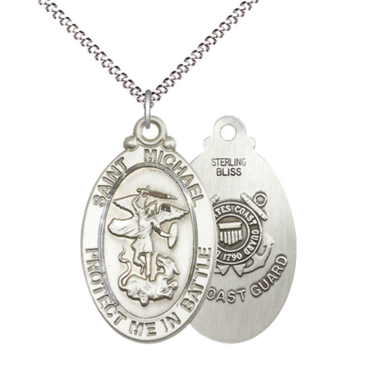 .925 Sterling Silver Saint St. Michael Guardian Angel Coast Guard Medal Pendant on 18 Inch Rhodium Plated Lite Curb Brass Chain - Catholic Religious Necklace Made in USA, Deluxe Velvet Gift Box