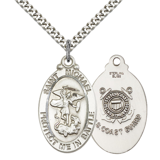 .925 Sterling Silver St Michael Guardian Angel Coast Guard Medal Pendant on 24 Inch Endless Rhodium Plated Heavy Curb Chain -Catholic Religious Necklace Made in USA,Deluxe Velvet Gift Box