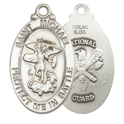 .925 Sterling Silver Saint St. Michael National Guard Medal Pendant on 18 Inch Rhodium Plated Lite Curb Brass Chain - Catholic Religious Necklace Made in USA, Deluxe Velvet Gift Box Included