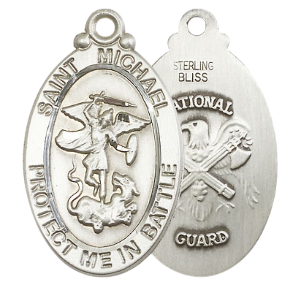 Mens Oval .925 Sterling Silver Saint St. Michael National Guard Medal Pendant on 24 Inch Rhodium Plated Heavy Curb Brass Chain w/ Lobster Claw Clasp, Catholic Religious Necklace- USA Made Gift Boxed