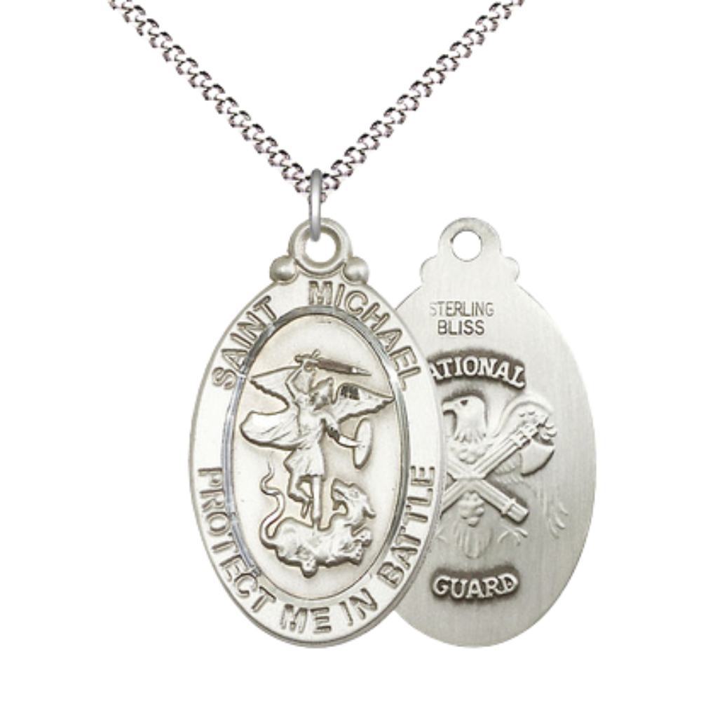 .925 Sterling Silver Saint St. Michael National Guard Medal Pendant on 18 Inch Rhodium Plated Lite Curb Brass Chain - Catholic Religious Necklace Made in USA, Deluxe Velvet Gift Box Included