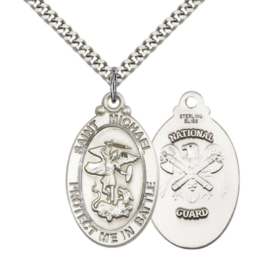 .925 Sterling Silver Saint St. Michael National Guard Medal Pendant on 24 Inch Endless Rhodium Plated Heavy Curb Chain - Catholic Religious Necklace Made in USA, Deluxe Velvet Gift Box