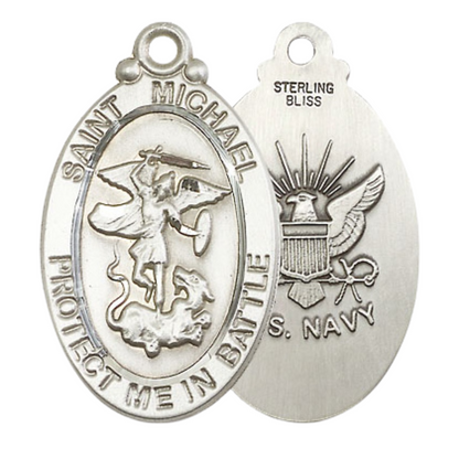 Everlasting Light Jewelry .925 Sterling Silver Saint St. Michael Navy Medal Pendant on 18 Inch Rhodium Plated Lite Curb Brass Chain - Catholic Religious Necklace Made in USA, Deluxe Velvet Gift Box