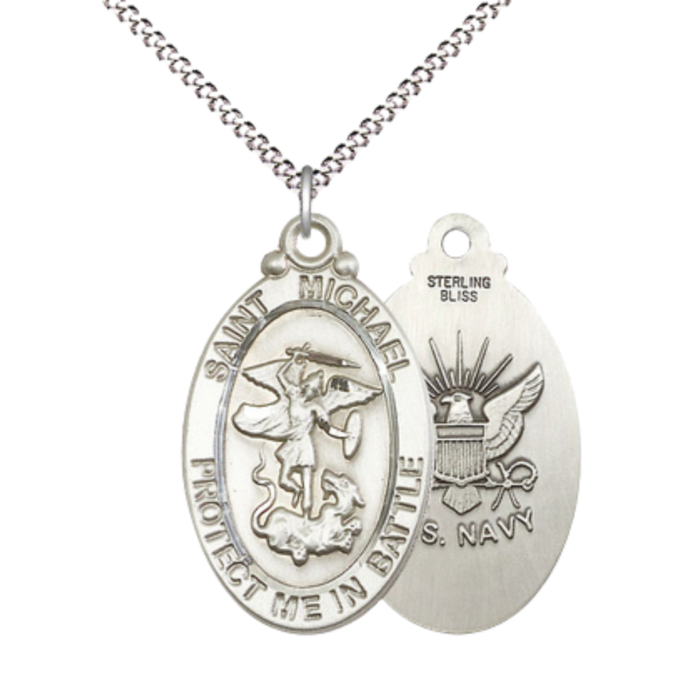 Everlasting Light Jewelry .925 Sterling Silver Saint St. Michael Navy Medal Pendant on 18 Inch Rhodium Plated Lite Curb Brass Chain - Catholic Religious Necklace Made in USA, Deluxe Velvet Gift Box