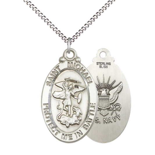 Everlasting Light Jewelry .925 Sterling Silver Saint St. Michael Navy Medal Pendant on 18 Inch Rhodium Plated Lite Curb Brass Chain - Catholic Religious Necklace Made in USA, Deluxe Velvet Gift Box