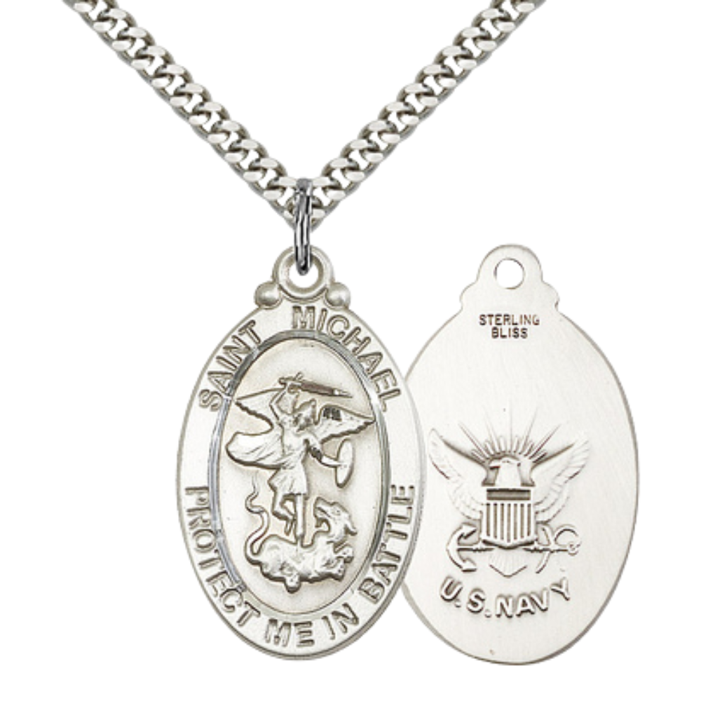Everlasting Light Jewelry .925 Sterling Silver Saint St. Michael Navy Medal Pendant on 24 Inch Endless Rhodium Plated Heavy Curb Chain - Catholic Religious Necklace Made in USA, Deluxe Velvet Gift Box