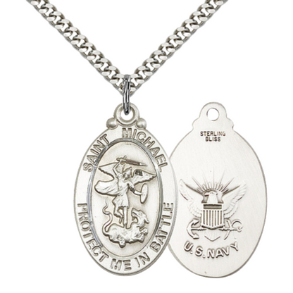 Everlasting Light Jewelry .925 Sterling Silver Saint St. Michael Navy Medal Pendant on 24 Inch Endless Rhodium Plated Heavy Curb Chain - Catholic Religious Necklace Made in USA, Deluxe Velvet Gift Box