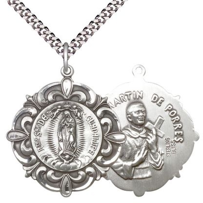 Everlasting Light Jewelry .925 Sterling Silver Our Lady of Guadalupe Medal Pendant on 24 Inch Endless Rhodium Plated Heavy Curb Chain -Catholic Religious Necklace Made in USA,Deluxe Velvet Gift Box