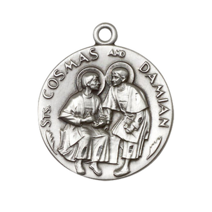 Everlasting Light Jewelry .925 Sterling Silver Saint St. Cosmas & Damian Medal Pendant on 18 Inch Rhodium Plated Lite Curb Brass Chain - Catholic Religious Necklace Made in USA, Deluxe Velvet Gift Box